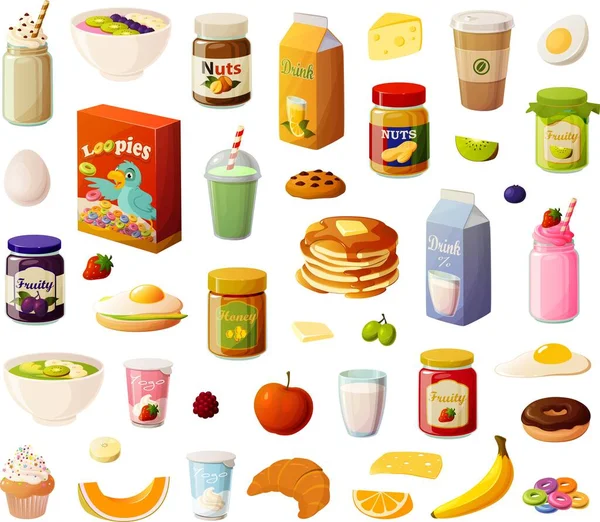 Vektor Illustration Verschiedener Frühstücksprodukte Snacks Früchte Und Getränke Auf Weißem — Stockvektor