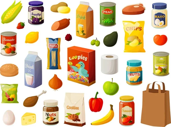Illustration Vectorielle Diverses Épiceries Supermarchés Isolées Sur Fond Blanc — Image vectorielle