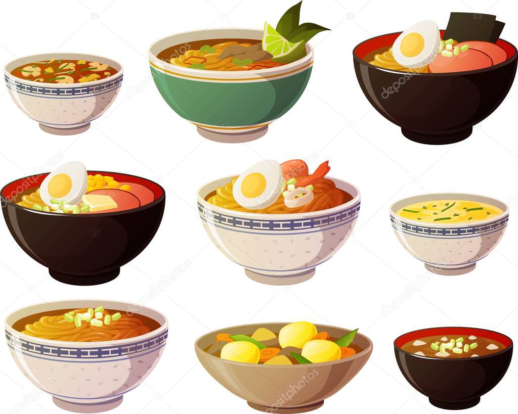 Vector illustration of various asian noodle soups in colorful bowls isolated on white background.