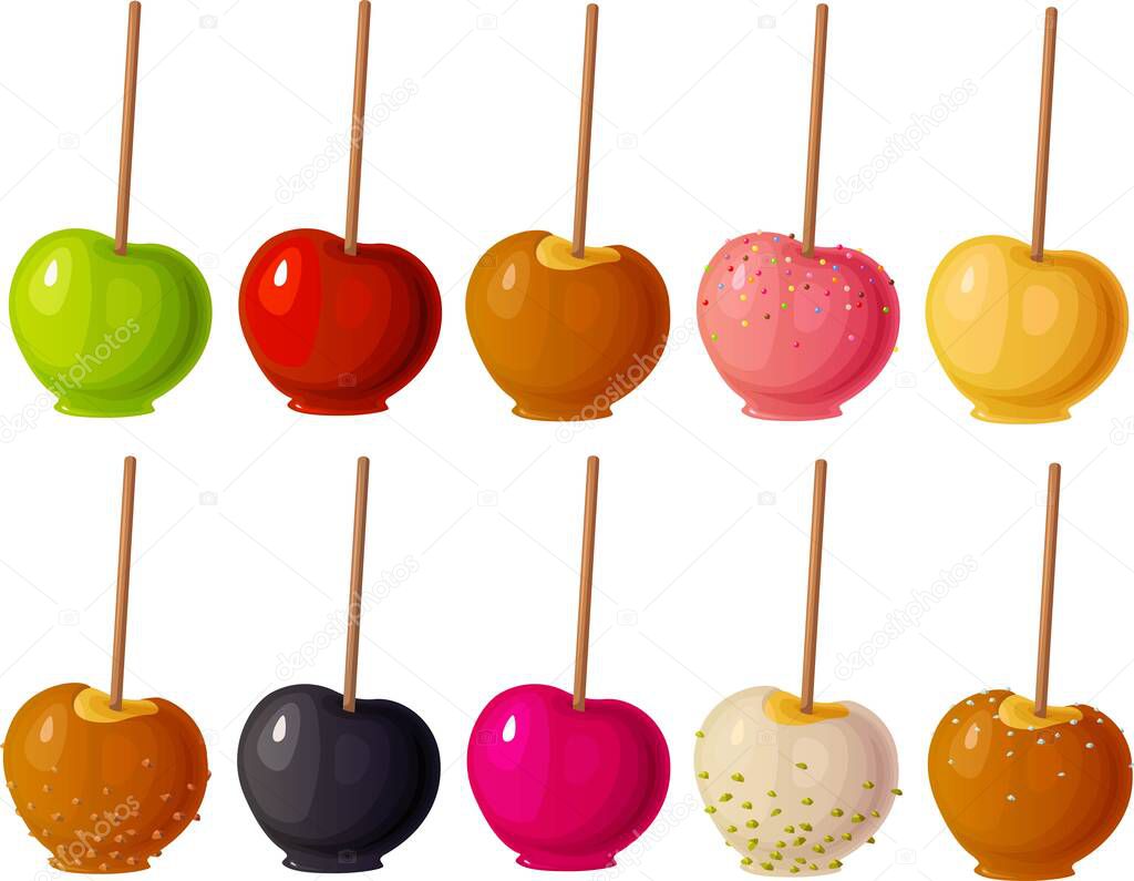 Vector illustration of various candy apples and caramel apples for Halloween isolated on white background.Web