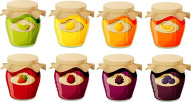 Beyaz arka planda izole edilmiş cam kavanozlarda reçel ve jöle örnekleme.