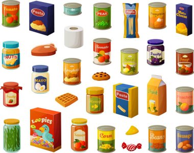Beyaz arka planda izole edilmiş çeşitli süpermarketlerin vektör illüstrasyonu.