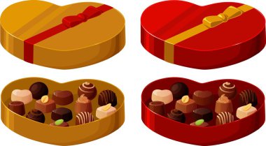 Altınla doldurulmuş çikolatalarla dolu bir kalp şeklindeki bir kutunun vektör çizimi veya beyaz arka planda izole edilmiş kırmızı.