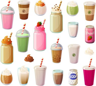 Çeşitli kahve dükkanlarının vektör illüstrasyonları beyaz arka planda izole edilmiş kahve, dalgona kahve, çay, matcha ve smoothie içecekleri çıkarın..