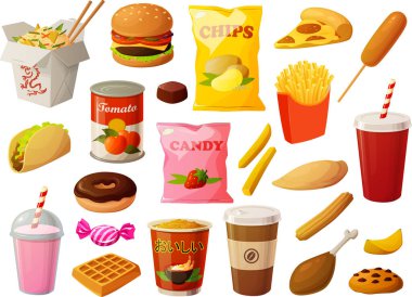 Çeşitli sağlıksız tatlı ve bol yağda kızartılmış fast-food sunumları beyaz arka planda izole edilmiş gıdaları temizler.
