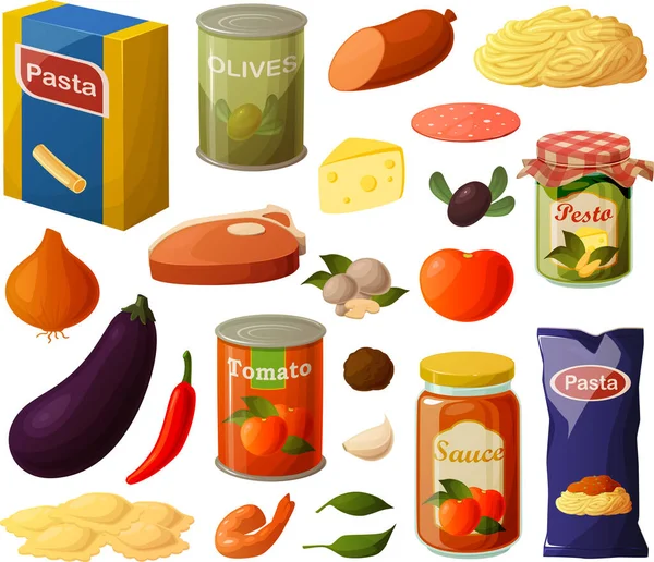 Ilustración Vectorial Varios Ingredientes Alimentos Italianos Tradicionales Aislados Sobre Fondo — Vector de stock