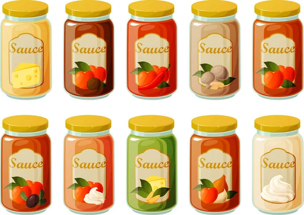 Vector Illustration Various Pasta Sauces Pesto Glass Jars Isolated White — Stock Vector
