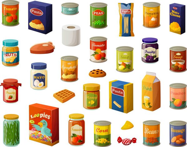 Векторная иллюстрация различных супермаркетов на белом фоне.