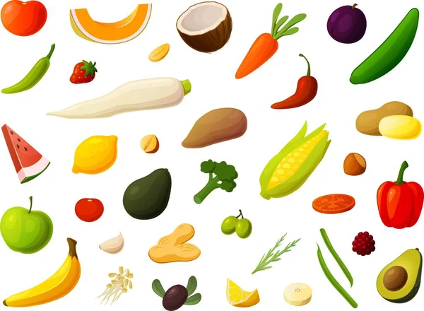 Ilustración Vectorial Varias Frutas Verduras Producidas Aisladas Sobre Fondo Blanco — Vector de stock