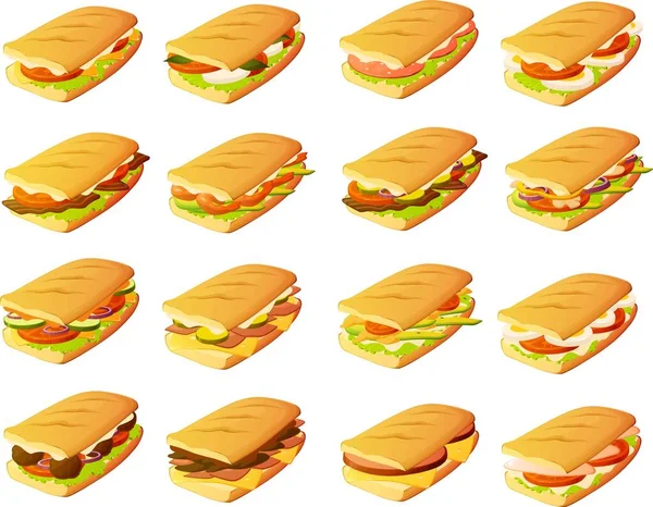 Векторная Иллюстрация Различных Суббутербродов Панини Мясом Яйцами Креветок Овощей — стоковый вектор