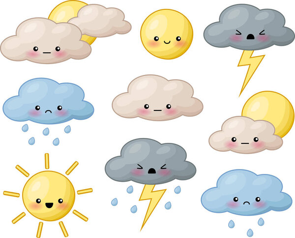 Cute illustrations of happy and sad suns and clouds isolated on white background