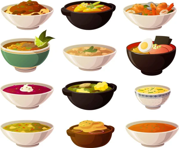 Vector illustration of various international soups and stews in colorful bowls isolated on white background. — Stock Illustration Vector Illustration Various International Soups Stews Colorful Bowls Isolated White Stock Vector
