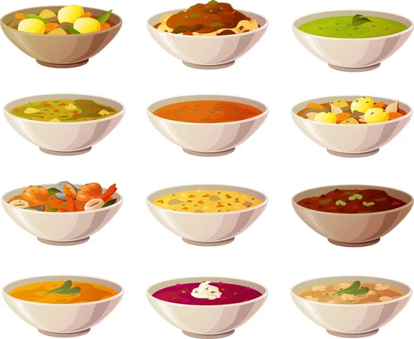 Vector illustration of various international soups and stews in colorful bowls isolated on white background. — Stock Illustration Vector Illustration Various International Soups Stews Colorful Bowls Isolated White Royalty Free Stock Vectors