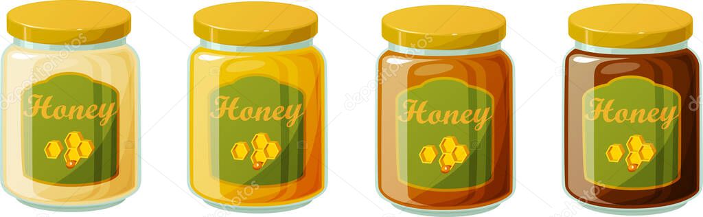 Vector illustration of various kinds of honey in glass jars isolated on white background — Stock Illustration Vector Illustration Various Kinds Honey Glass Jars Isolated White Background Vector Graphics