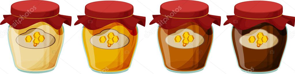 Vector illustration of various kinds of honey in glass jars isolated on white background — Stock Illustration Vector Illustration Various Kinds Honey Glass Jars Isolated White Background Stock Vector