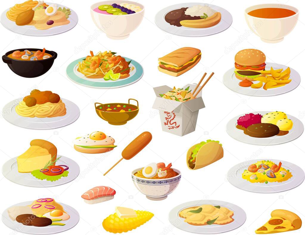 Vector illustration of various international food dishes, soups and snacks isolated on white background.