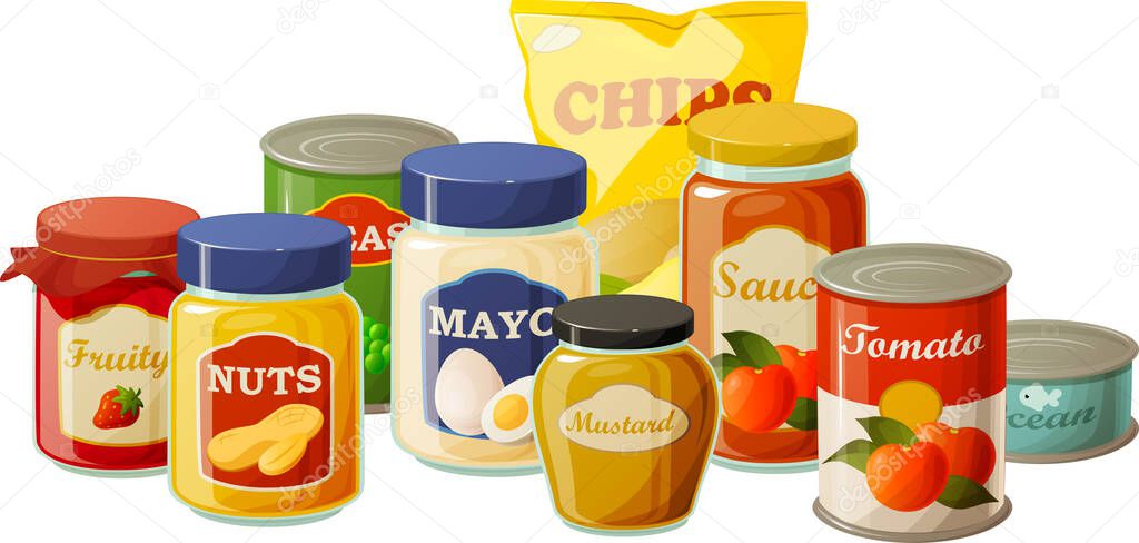 Vector illustration of various food pantry staples in jars and cans isolated on white background