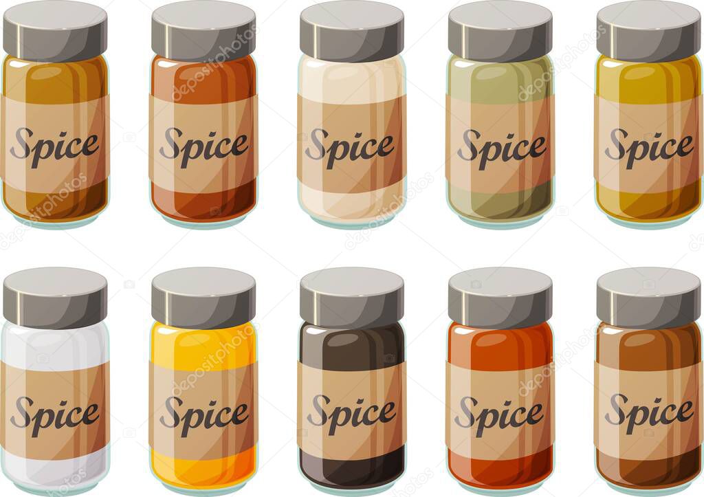 Vector illustration of various spices in glass bottles with silver metal lid isolated on white background