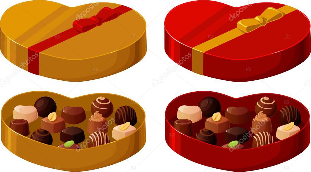 Vector illustration of a heart shaped box with filled chocolates in gold or red isolated on white background.