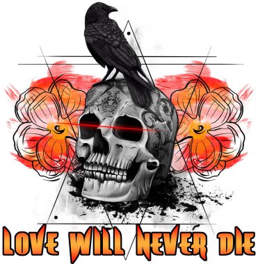 Aşk Asla Ölmeyecek Kafatası ve Crow Dijital İllüstrasyon, Dövme Tasarımı