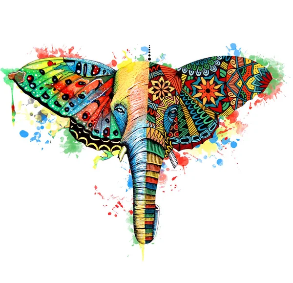Pillangó Elefánt Akvarell Illusztráció Kézzel Rajzolt Digitális Alkotás — Stock Fotó