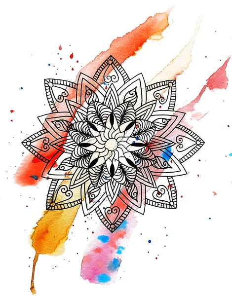 Akvarel Mandala Vzor Ručně Kreslené Barevné Geometrické Ilustrace — Stock fotografie