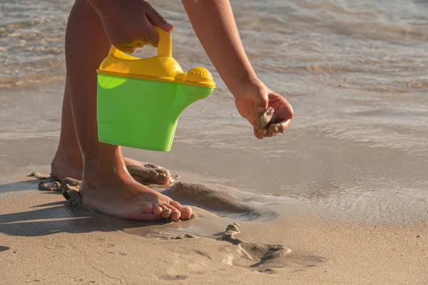 Little Kid Playing Bucket Toys Walking Beach Sunset — Stock Photo, Image