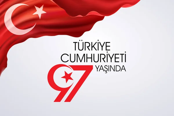 Türkiye Cumhuriyeti 97 yasinda, Türkiye Cumhuriyet Günü. Çevirisi: Türkiye Cumhuriyeti 97 yaşında. Vektör illüstrasyonu, poster, kutlama kartı, grafik, post ve hikaye tasarımı.