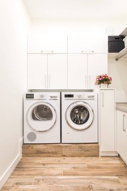Wasing ve kurutma makinesi ile modern tarzı çamaşır odasında