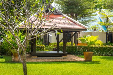 Tayland tropikal doğa güzel ahşap çardak