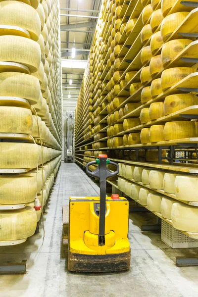 Prateleiras de produção de fábrica de queijo Parmigiano com queijo envelhecido i — Fotografia de Stock