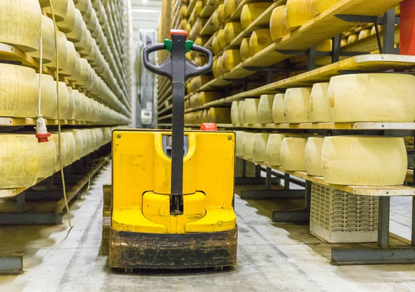 パルミジャーノ チーズ工場の生産はイタリア ボローニャでチーズを加齢に伴う棚します — ストック写真