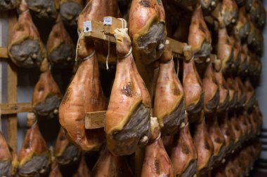 Bologna, İtalya. 02 Mayıs 2018: Sorage, prosciutto jambonu fabrika Bologna, İtalya