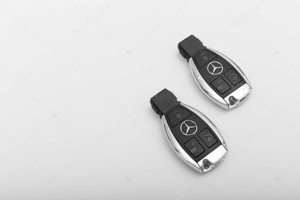 MOSCOW, RUSSIA - DECEMBER 2, 2018: Mercedes Benz car key on smooth background