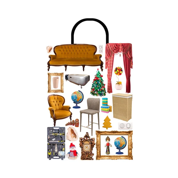 Shop bag combined of many isolated furniture set items. Shopping and consumering concept — Stock Photo, Image