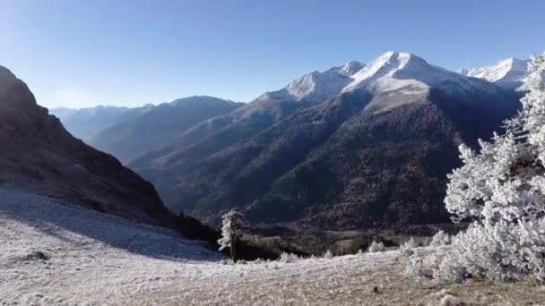 Flying near winter mountain range valley Aerial 4k video. Travel eco Tourism in Caucasus Zakan, Russia — Stock Video