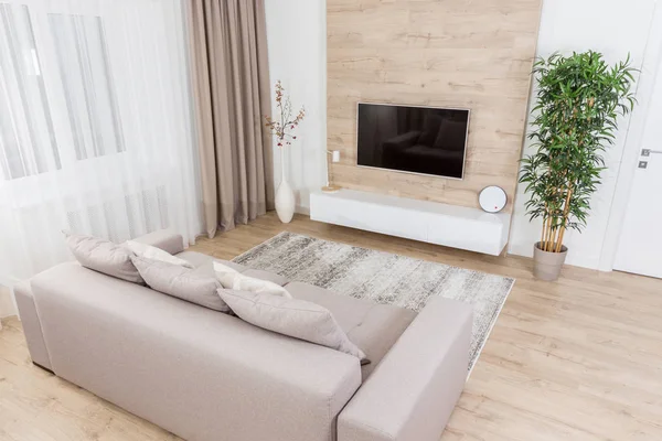 Salon avec canapé et TV led sur mur en bois — Photo
