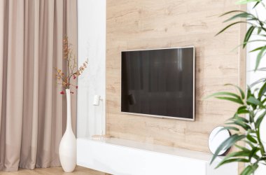 Modern açık oturma odası tv cihazları ile