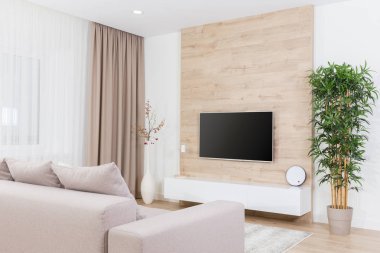 Modern açık oturma odası tv cihazları ile