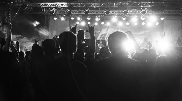 Black and White Silhouette of People in Crowd at a Music Festival. Concert with backlit standing dancing people — Stock Photo, Image