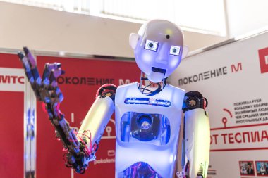 STAVROPOL, RUSSIA - APRIL 6, 2019: Modern Promo robot on the technology exhibition in Stavropol, Russia clipart