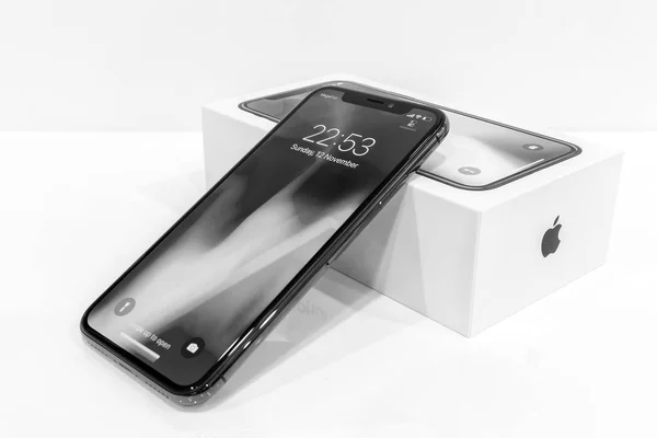 MOSCOW,RUSSIA 12 NOVEMBER, 2017: Iphone X smart phone. Latest Apple Iphone 10 mobile phone. Illustrative editorial. Newest Iphone with touch screen, dual vertical camera. black and white photo — Stok fotoğraf