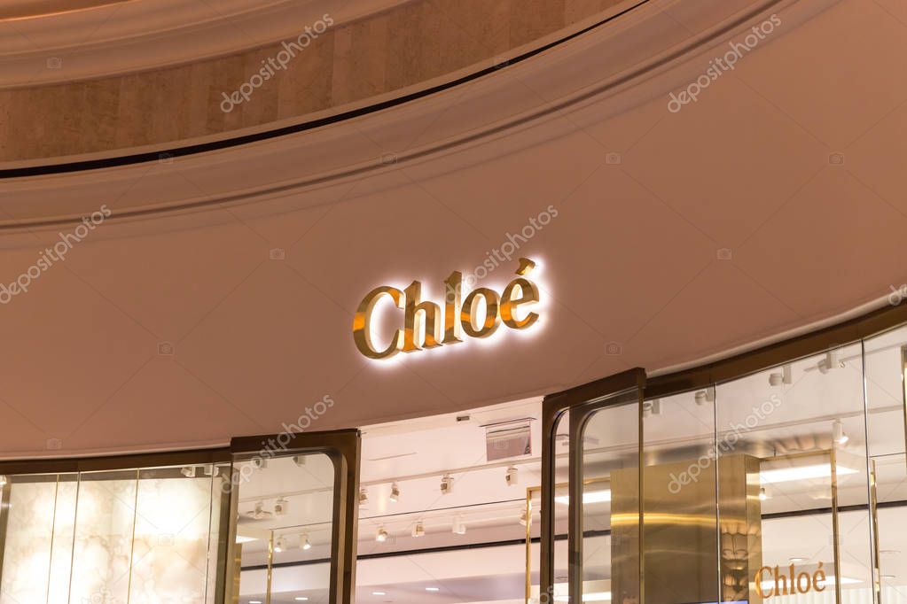 LAS VEGAS, NEVADA, USA - 13 MAY, 2019: Logo of Chloe store in Wynn hotel in Las Vegas. Chloe is international french luxury fashion house