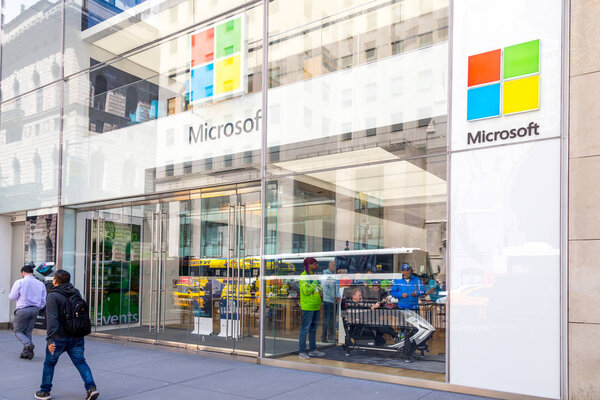 NEW YORK, USA - MAY 15, 2019: Microsoft store in Manhattan. Microsoft is worlds largest software maker dominant in PC operating systems, office apps and web browser market