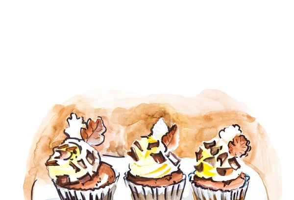 Çikolata bar ile üç çikolata Doğum günü cupcakes ayarlayın. Beyaz üzerinde izole gıda suluboya çizim — Stok fotoğraf