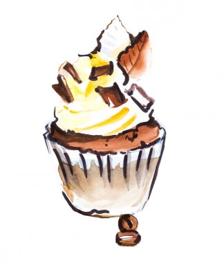 Çikolata ile çikolata Doğum günü cupcake. Gıda Illustration. Suluboya