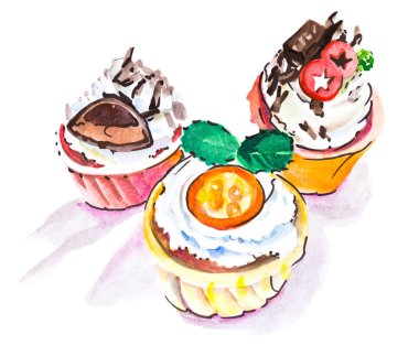 Beyaz arka planda izole üç farklı cupcakes suluboya drawintg