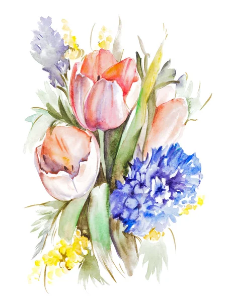 Aquarell Tulpen Strauß isoliert auf weißem Hintergrund — Stockfoto