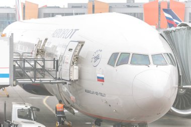 Moskova, Rusya - 09 Mayıs 2019: Sheremetyevo havaalanında yoğun bir gün. Uçuş öncesi uçağın hazırlanması, kargo yüklerinin yüklenmesi