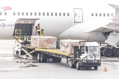 Moskova, Rusya - 09 Mayıs 2019: Sheremetyevo havaalanında yoğun bir gün. Uçuş öncesi uçağın hazırlanması, kargo yüklerinin yüklenmesi